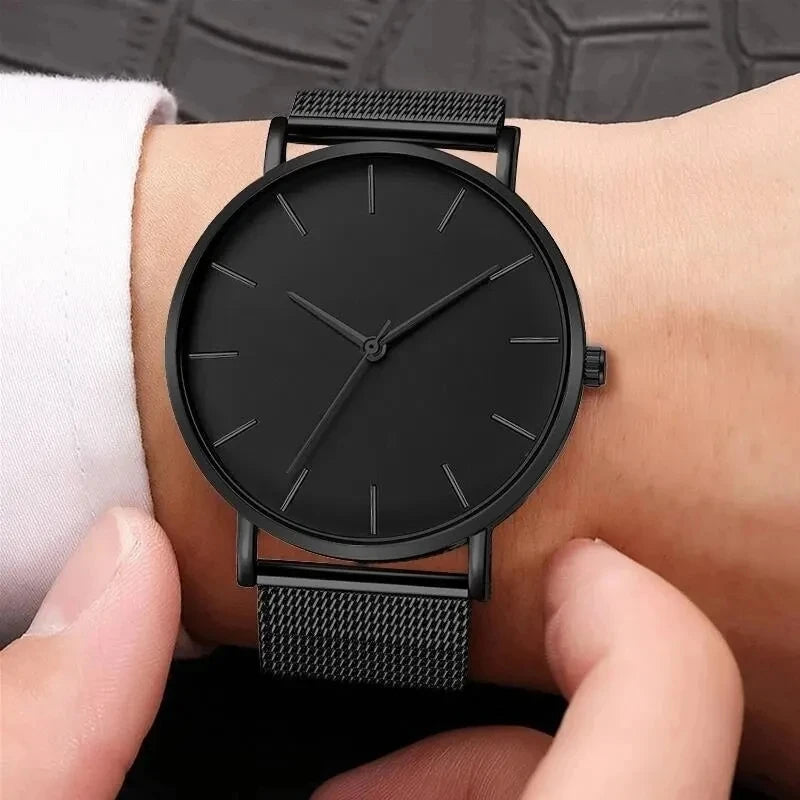 Relojes negros de negocios a la moda para hombre, reloj de pulsera de cuarzo con correa de malla ultrafina de acero inoxidable de lujo para hombre, reloj clásico informal para hombre