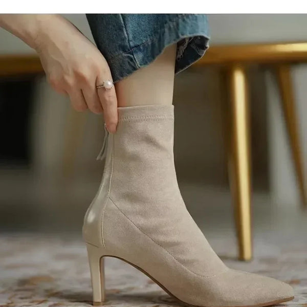 Botas de tacón alto para mujer 2025, estilo coreano de otoño e invierno, tacón medio, botas ajustadas y delgadas, punta en punta, botas tipo calcetín para mujer.