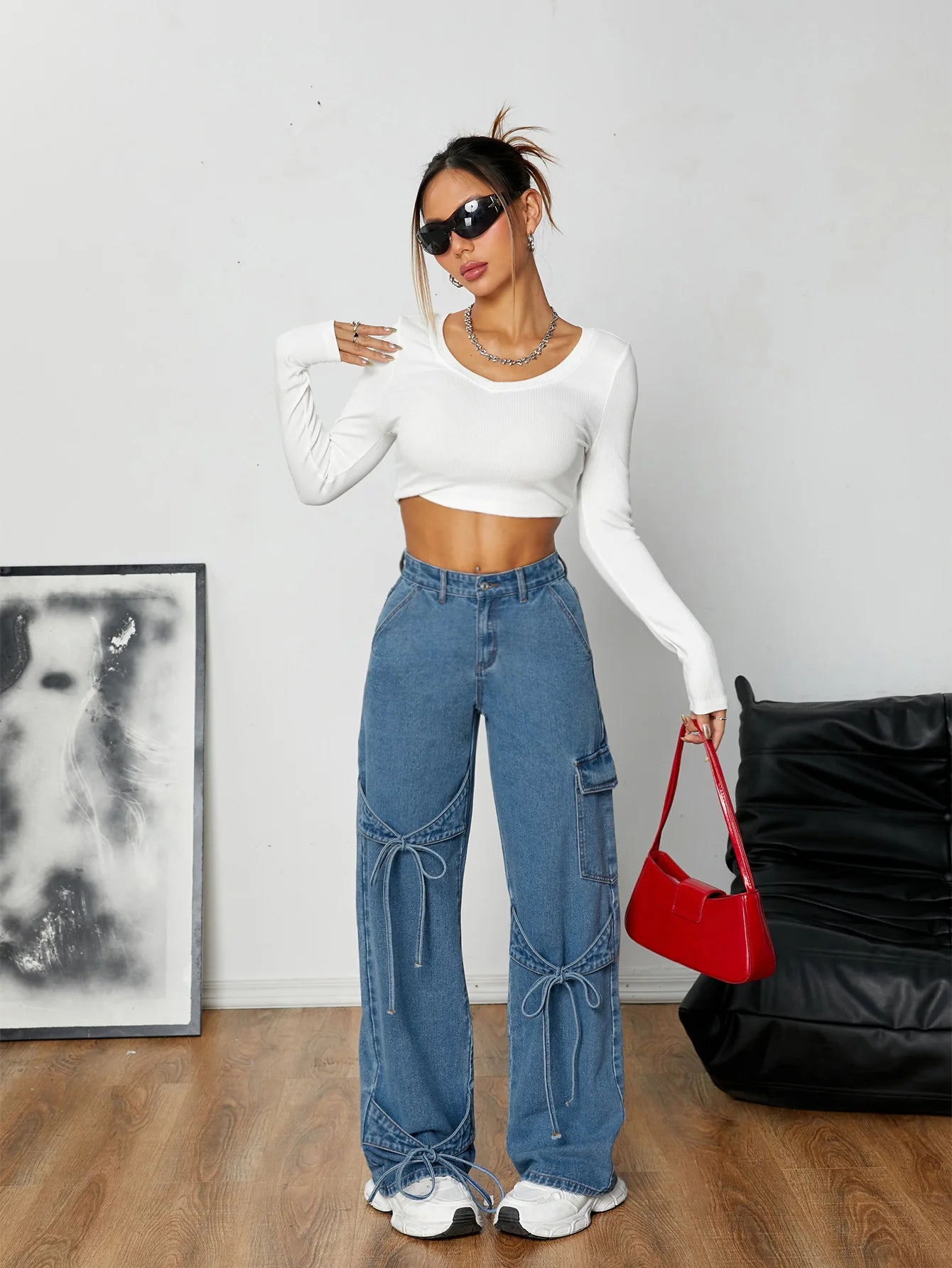 Pantalones vaqueros de mezclilla para mujer, pantalones de pierna ancha rectos, ropa de calle 2025, pantalones desgastados lavados con lazo