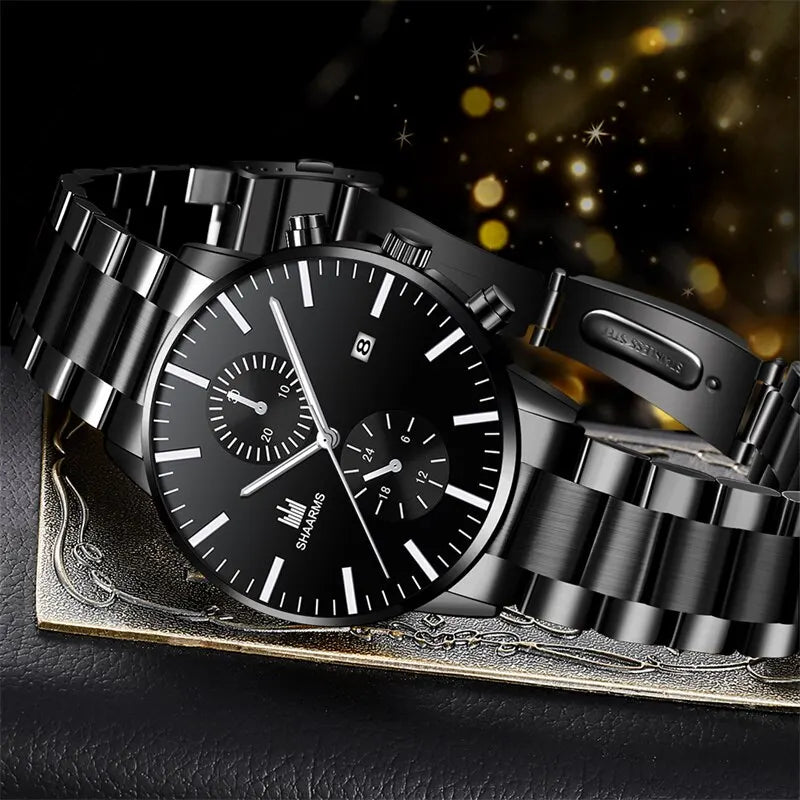 Reloj de cuarzo de negocios para hombre, cronógrafo con correa de acero inoxidable, tres ojos falsos, seis Pines, calendario