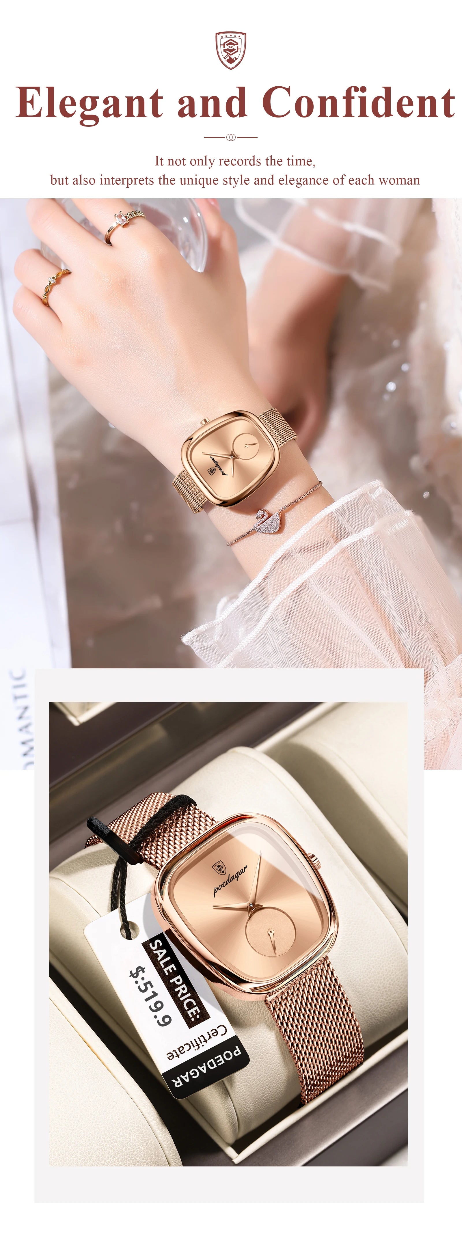 POEDAGAR, Reloj elegante de lujo a la moda para mujer, Reloj resistente al agua para mujer, relojes de cuarzo de acero inoxidable de malla para mujer, Reloj femenino