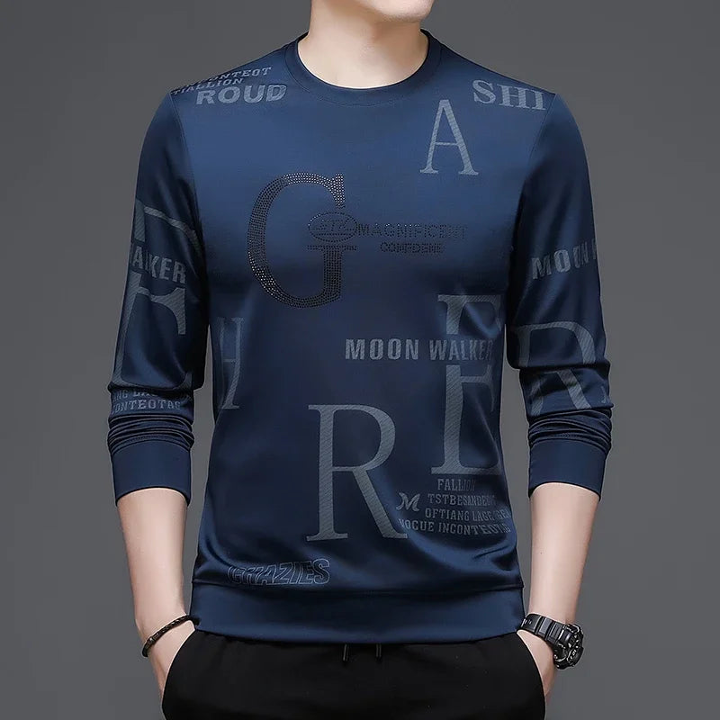 Camiseta de manga larga para hombre con cuello redondo, estampado de cuadros colorido e irregular, ideal para primavera y otoño, perfecta para actividades al aire libre y deportes.