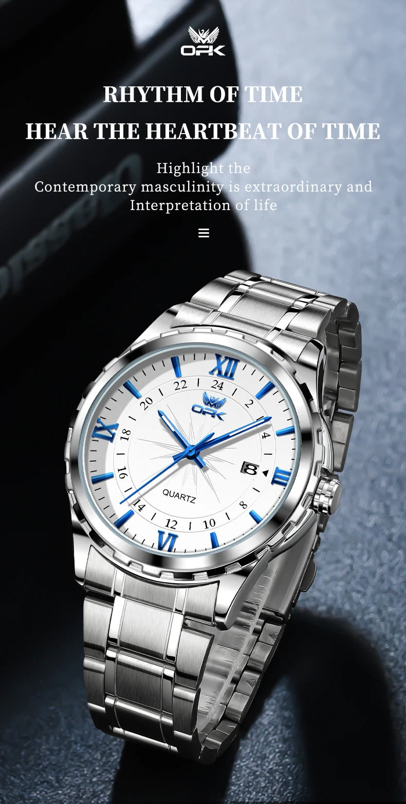 Reloj de cuarzo para hombre con doble calendario y correa de acero marca OPK