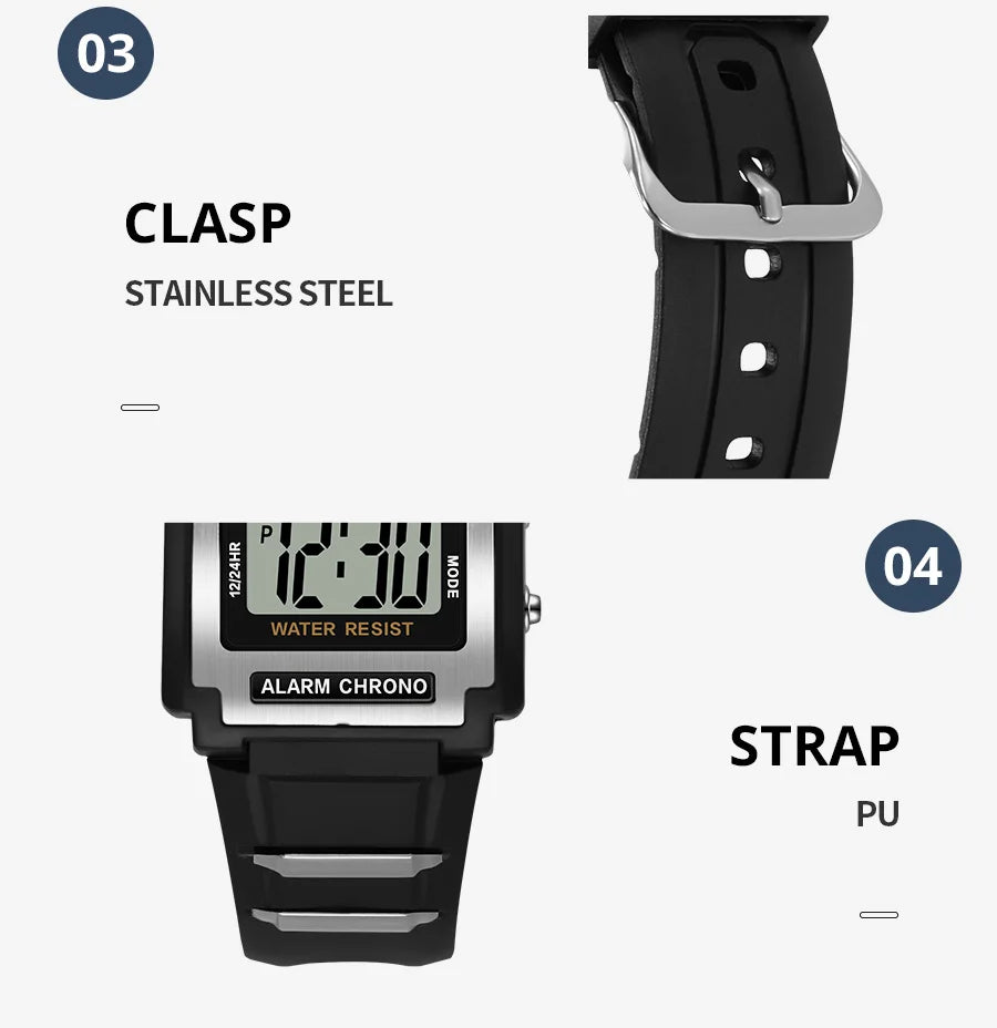 Reloj electrónico deportivo Rectangular para hombre, resistente al agua, luz nocturna de 50M, pantalla grande, despertador, estilo Retro de tendencia