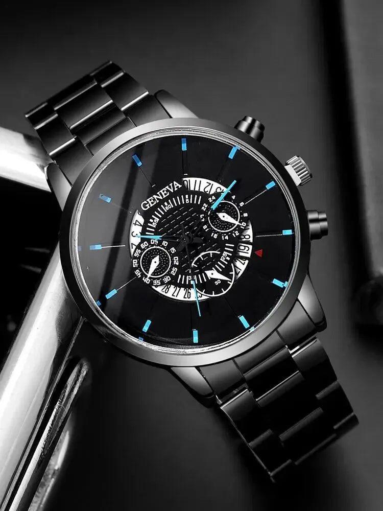 Reloj de pulsera para hombre, cronógrafo redondo de acero negro con calendario, a la moda, 2 piezas