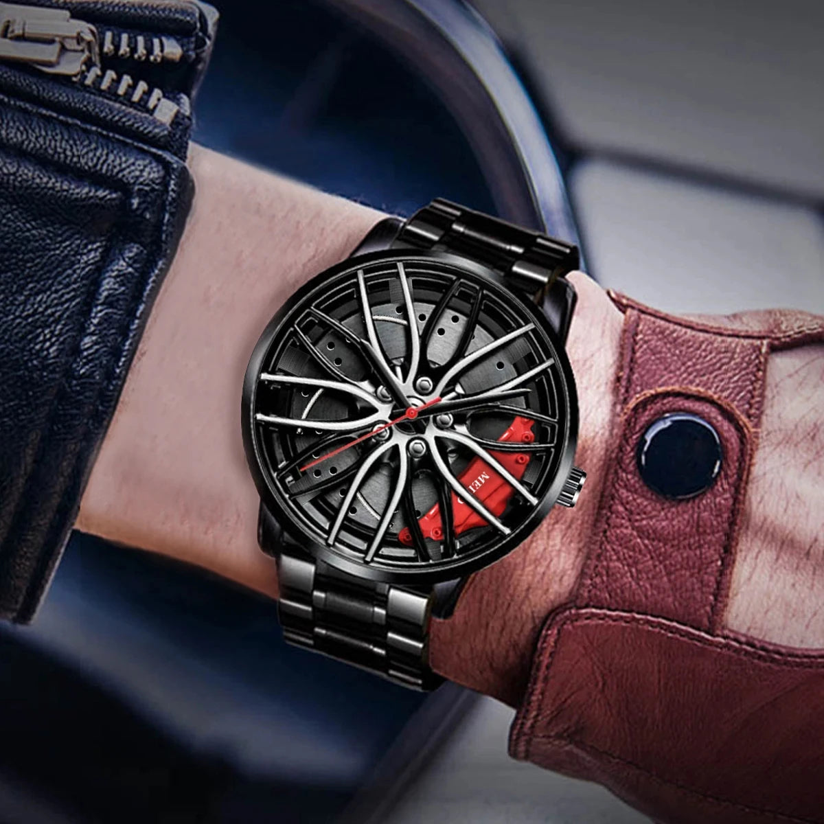 Reloj deportivos para hombre con diseño de cubo de llanta de rueda de coche, reloj de pulsera de cuarzo de acero inoxidable resistente al agua,