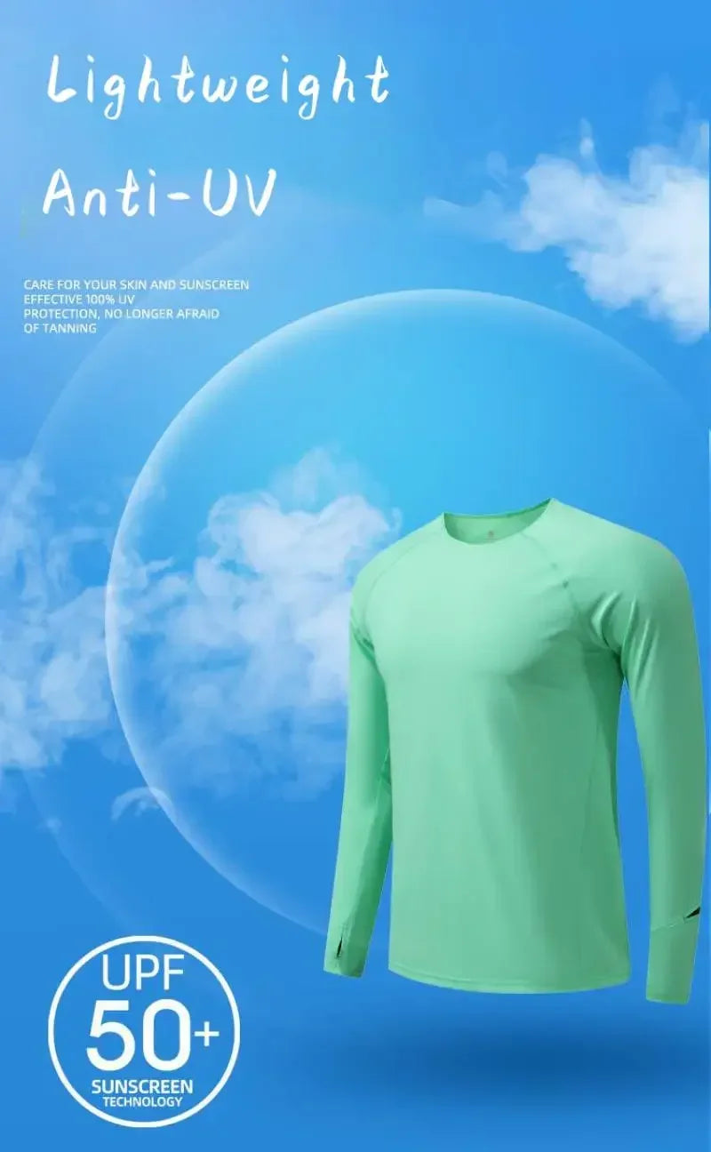 Camiseta para correr maratón para hombre, camiseta de manga larga Anti-UV de secado rápido para entrenamiento, traje de entrenamiento físico con agujero para el pulgar, puño antiestático