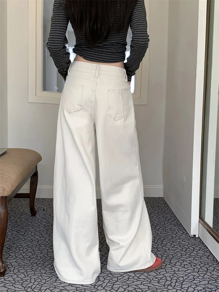Pantalones vaqueros holgados blancos para mujer, nueva moda coreana informal Y2k, pantalones vaqueros holgados de cintura