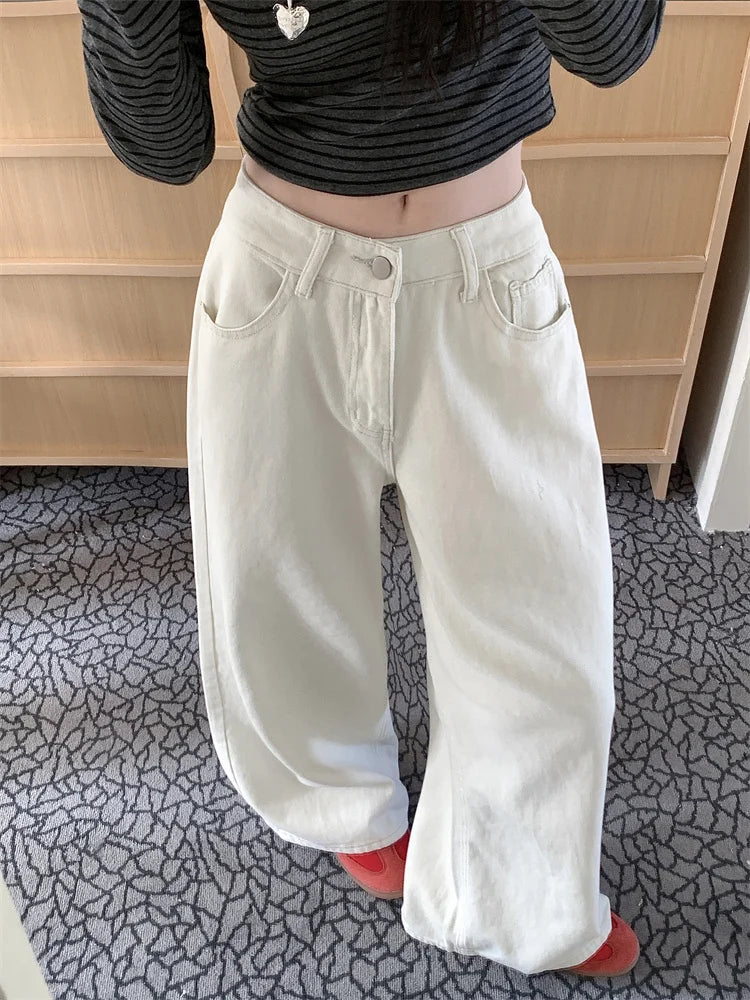 Pantalones vaqueros holgados blancos para mujer, nueva moda coreana informal Y2k, pantalones vaqueros holgados de cintura