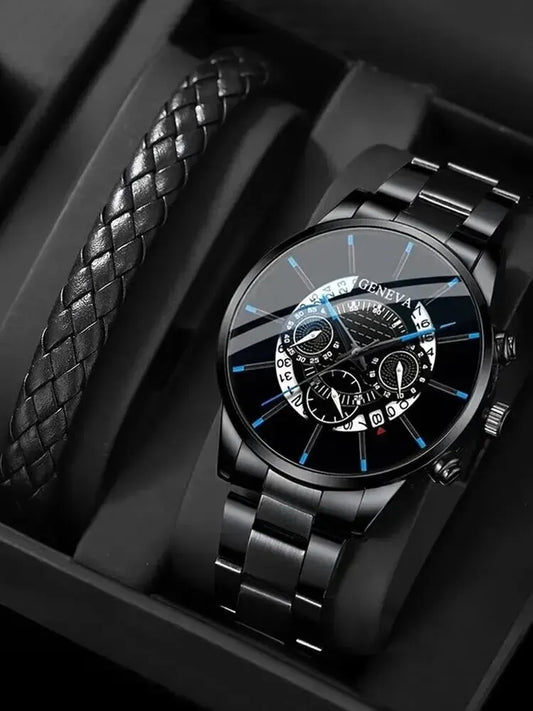 Reloj de pulsera para hombre, cronógrafo redondo de acero negro con calendario, a la moda, 2 piezas