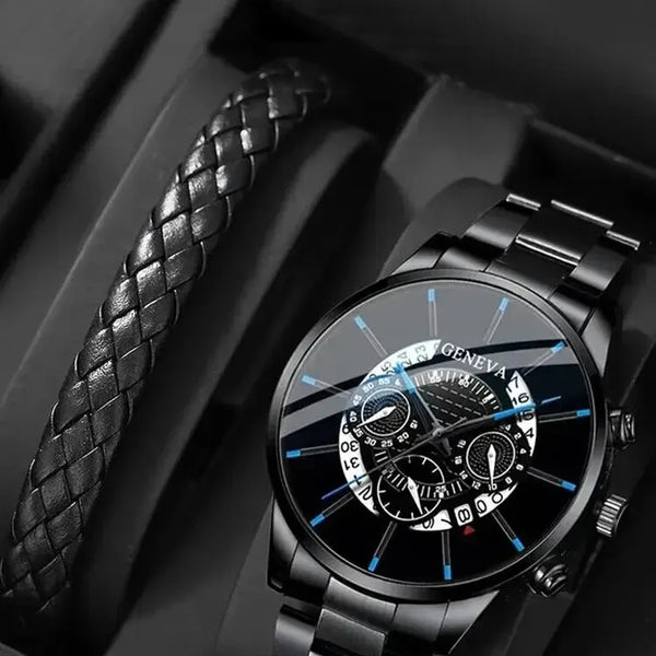 Reloj de pulsera para hombre, cronógrafo redondo de acero negro con calendario, a la moda, 2 piezas
