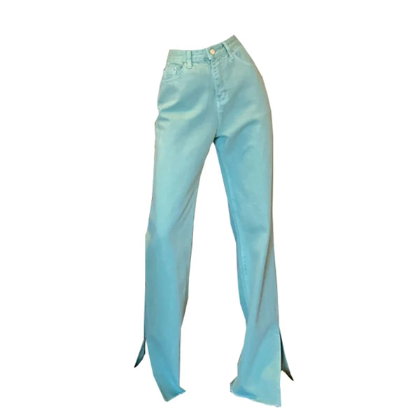 Pantalon Jean de tendencia para mujer, Pantalones vaqueros rasgados con hendidura casuales sueltos de pierna recta de cintura alta