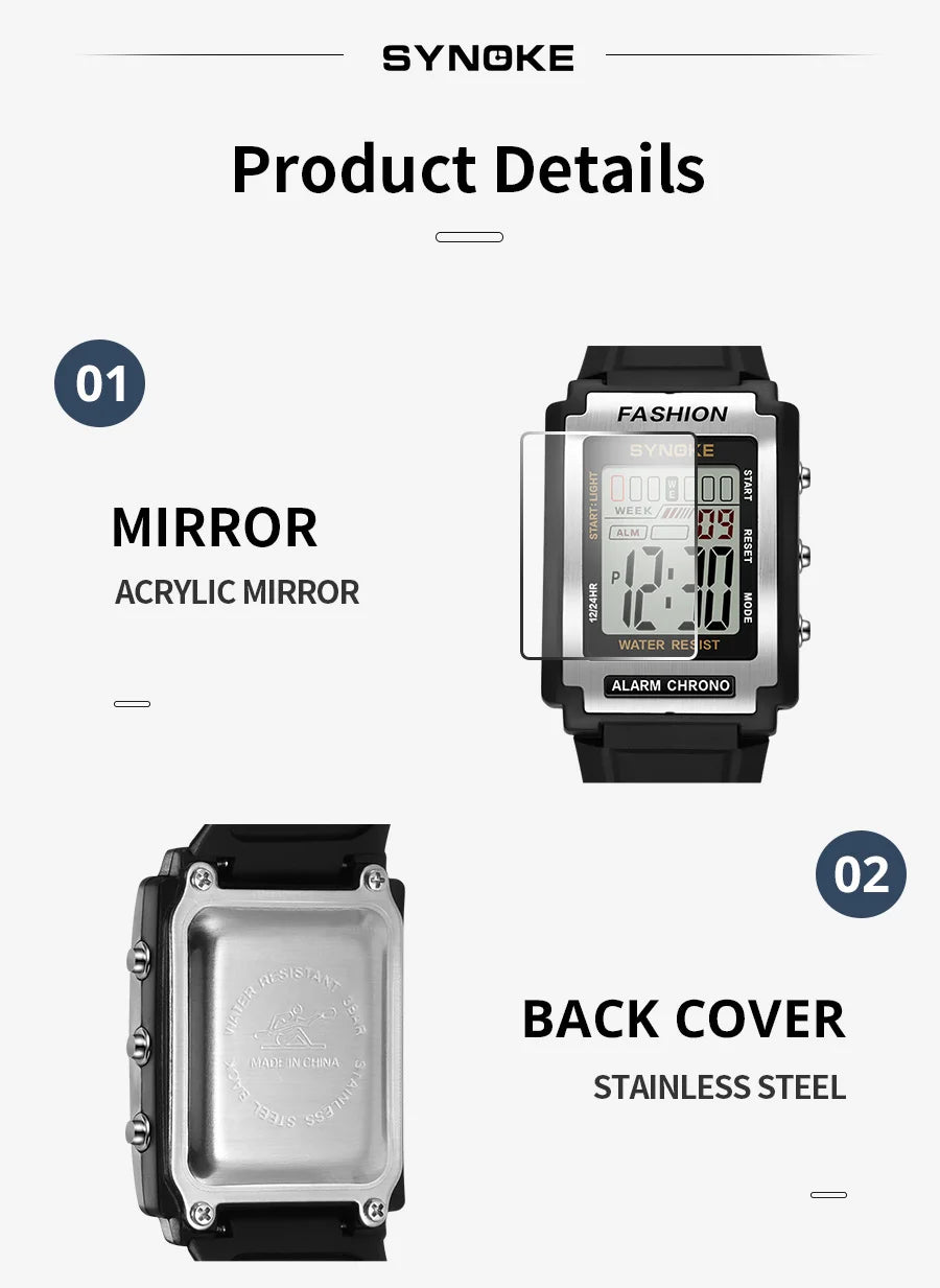 Reloj electrónico deportivo Rectangular para hombre, resistente al agua, luz nocturna de 50M, pantalla grande, despertador, estilo Retro de tendencia