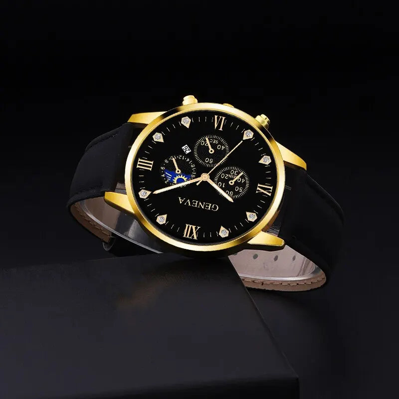 Reloj de pulsera de cuarzo para hombre, conjunto de 2 piezas, con puntero redondo y calendario