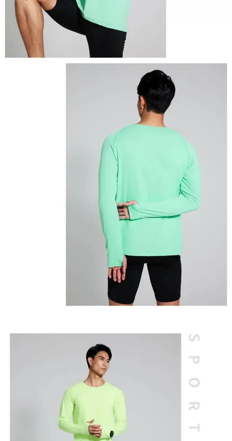 Camiseta para correr maratón para hombre, camiseta de manga larga Anti-UV de secado rápido para entrenamiento, traje de entrenamiento físico con agujero para el pulgar, puño antiestático
