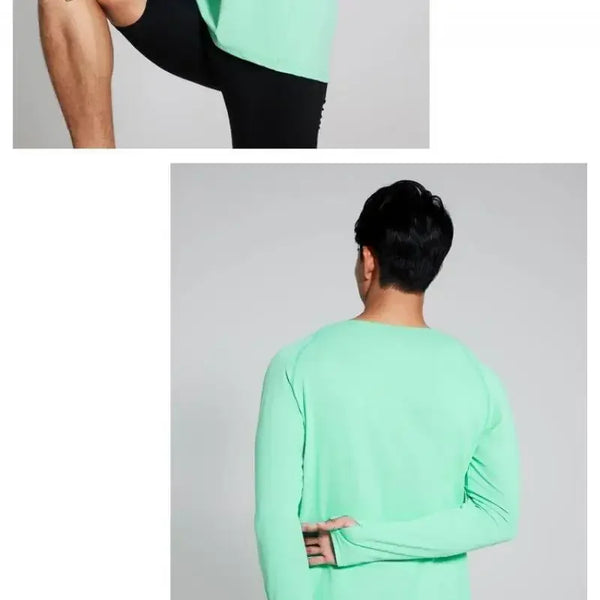 Camiseta para correr maratón para hombre, camiseta de manga larga Anti-UV de secado rápido para entrenamiento, traje de entrenamiento físico con agujero para el pulgar, puño antiestático