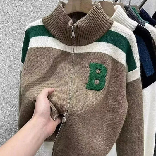 Cárdigan tejido con cuello de media altura y cremallera, suéter de retazos con letras, abrigo para hombre y mujer, Tops de moda de nueva tendencia para Otoño e Invierno