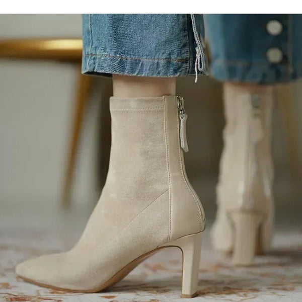 Botas de tacón alto para mujer 2025, estilo coreano de otoño e invierno, tacón medio, botas ajustadas y delgadas, punta en punta, botas tipo calcetín para mujer.