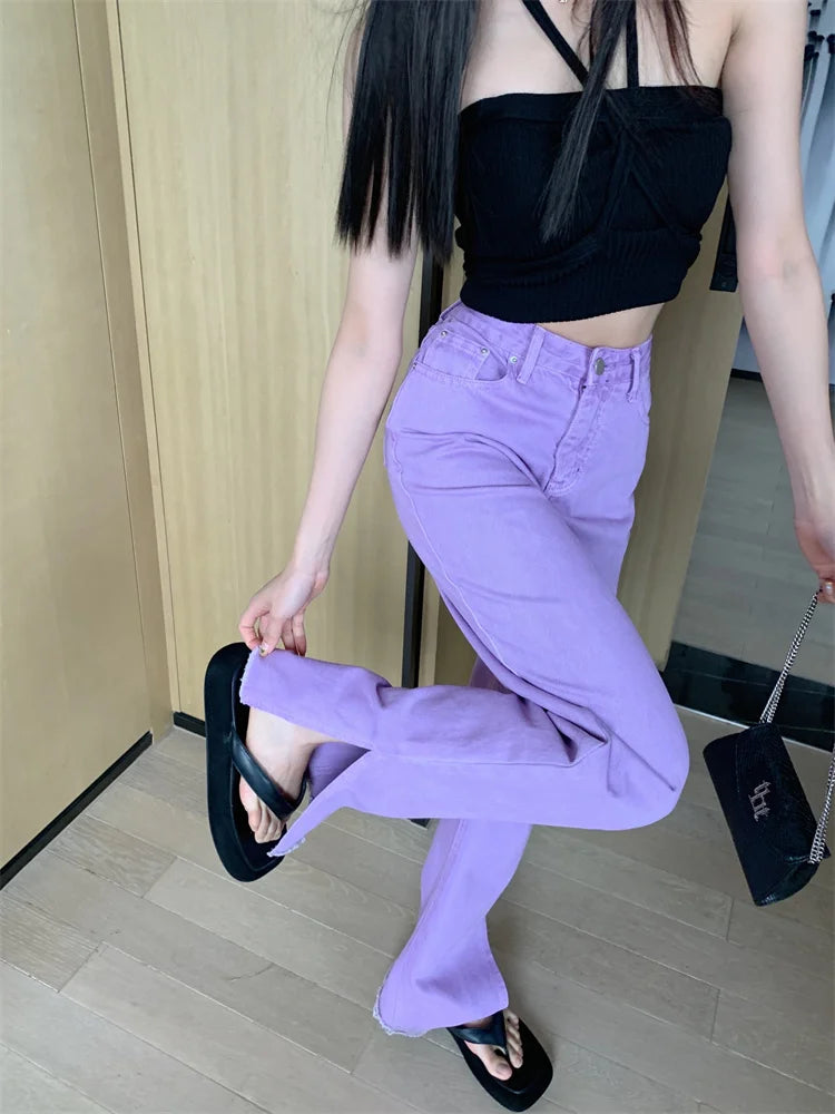 Pantalon Jean de tendencia para mujer, Pantalones vaqueros rasgados con hendidura casuales sueltos de pierna recta de cintura alta