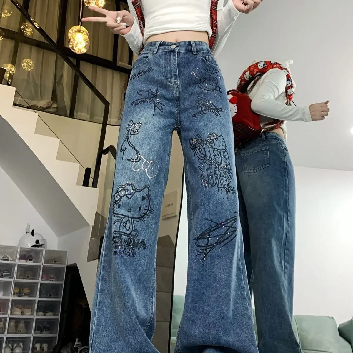 Pantalones vaqueros ajustados con diseño de grafiti azul lavado para mujer, pantalones informales con efecto adelgazante, a la moda