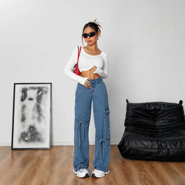 Pantalones vaqueros de mezclilla para mujer, pantalones de pierna ancha rectos, ropa de calle 2025, pantalones desgastados lavados con lazo