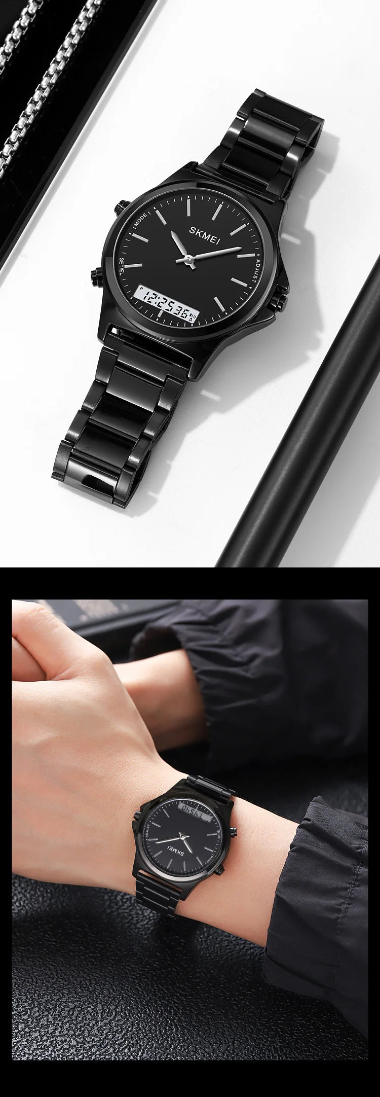 Reloj cronógrafo digital con pantalla de luz trasera de acero completo, relojes de pulsera con alarma impermeables para hombre