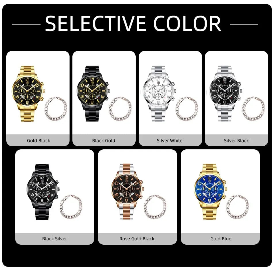 Conjunto de relojes de pulsera para hombre, 2 uds., deportivo de lujo, de cuarzo, de acero inoxidable y plateado, informal, de negocios