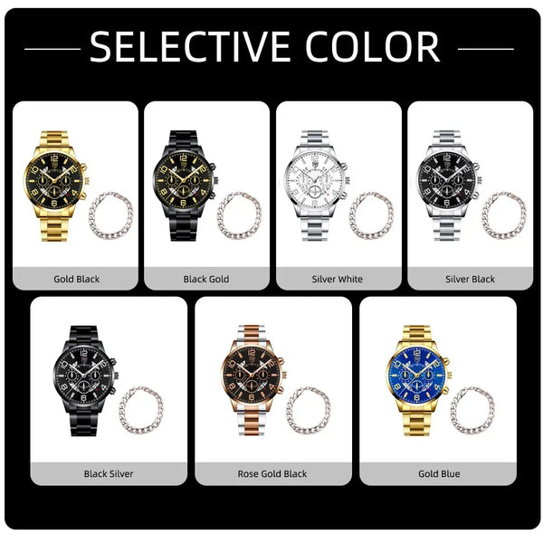 Conjunto de relojes de pulsera para hombre, 2 uds., deportivo de lujo, de cuarzo, de acero inoxidable y plateado, informal, de negocios