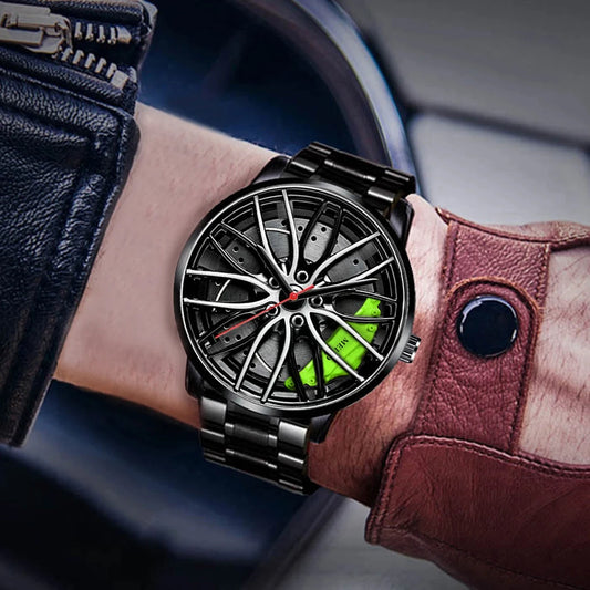 Reloj deportivos para hombre con diseño de cubo de llanta de rueda de coche, reloj de pulsera de cuarzo de acero inoxidable resistente al agua,