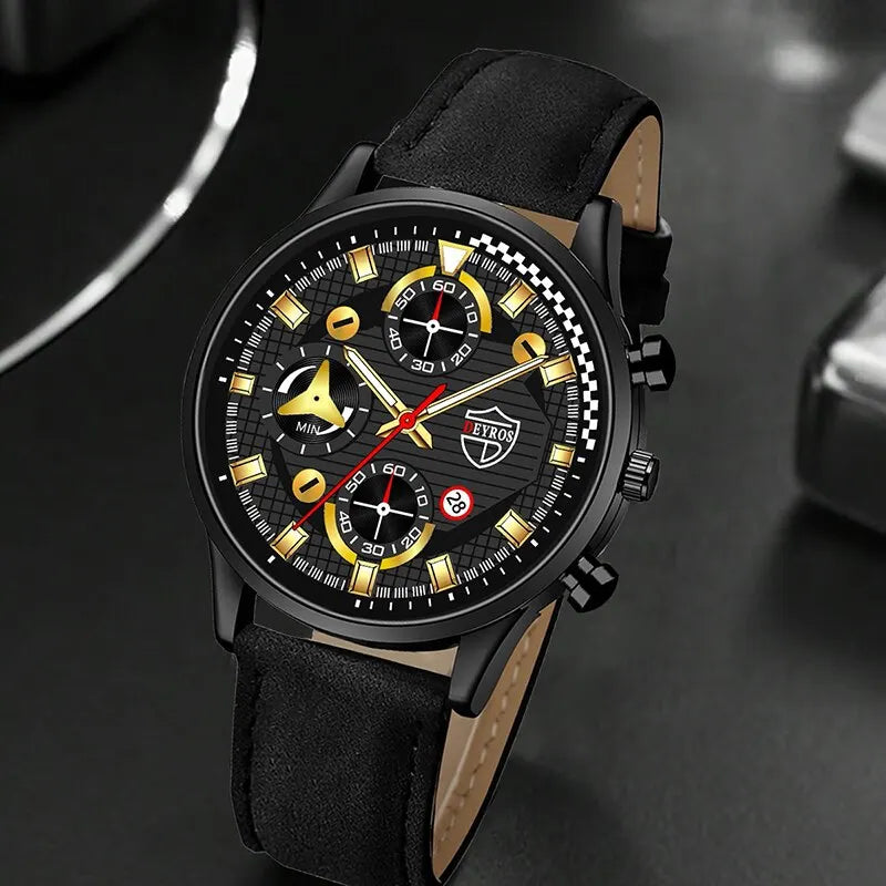 Conjunto de 3 piezas para hombre, reloj de pulsera de cuarzo, pulsera de cuero clásico, collar casual y divertido