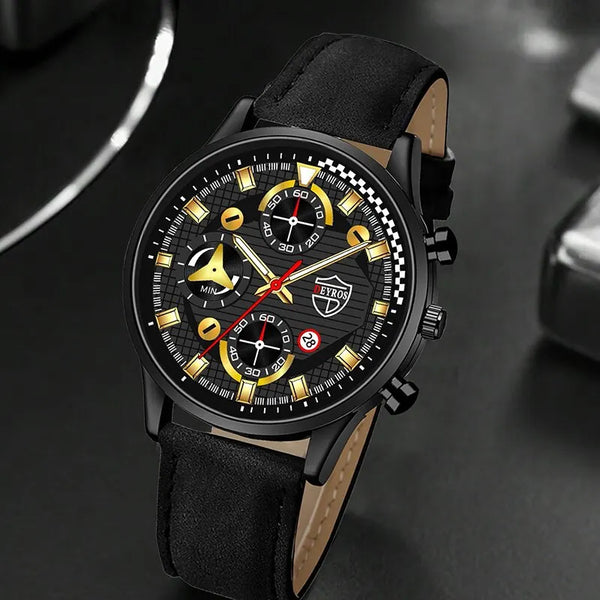 Conjunto de 3 piezas para hombre, reloj de pulsera de cuarzo, pulsera de cuero clásico, collar casual y divertido