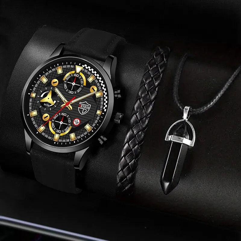 Conjunto de 3 piezas para hombre, reloj de pulsera de cuarzo, pulsera de cuero clásico, collar casual y divertido