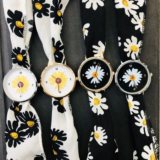 Reloj de cuarzo con correa única de tela de margaritas para mujer - Reloj casual de moda con diseño de girasol
