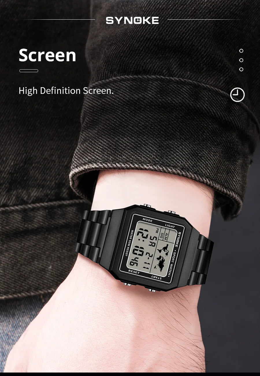 Reloj de acero inoxidable para hombre, cronógrafo de pulsera Digital con pantalla de luz trasera, resistente al agua, 5bar