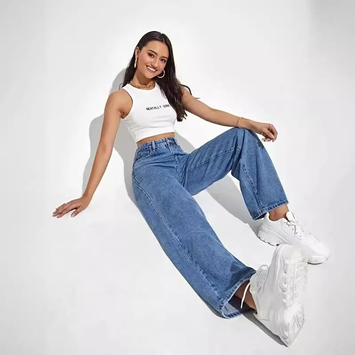 Pantalon jean retro a la moda para mujer, pantalones rectos holgados de calle alta, pantalones ajustados todo en uno de cintura alta