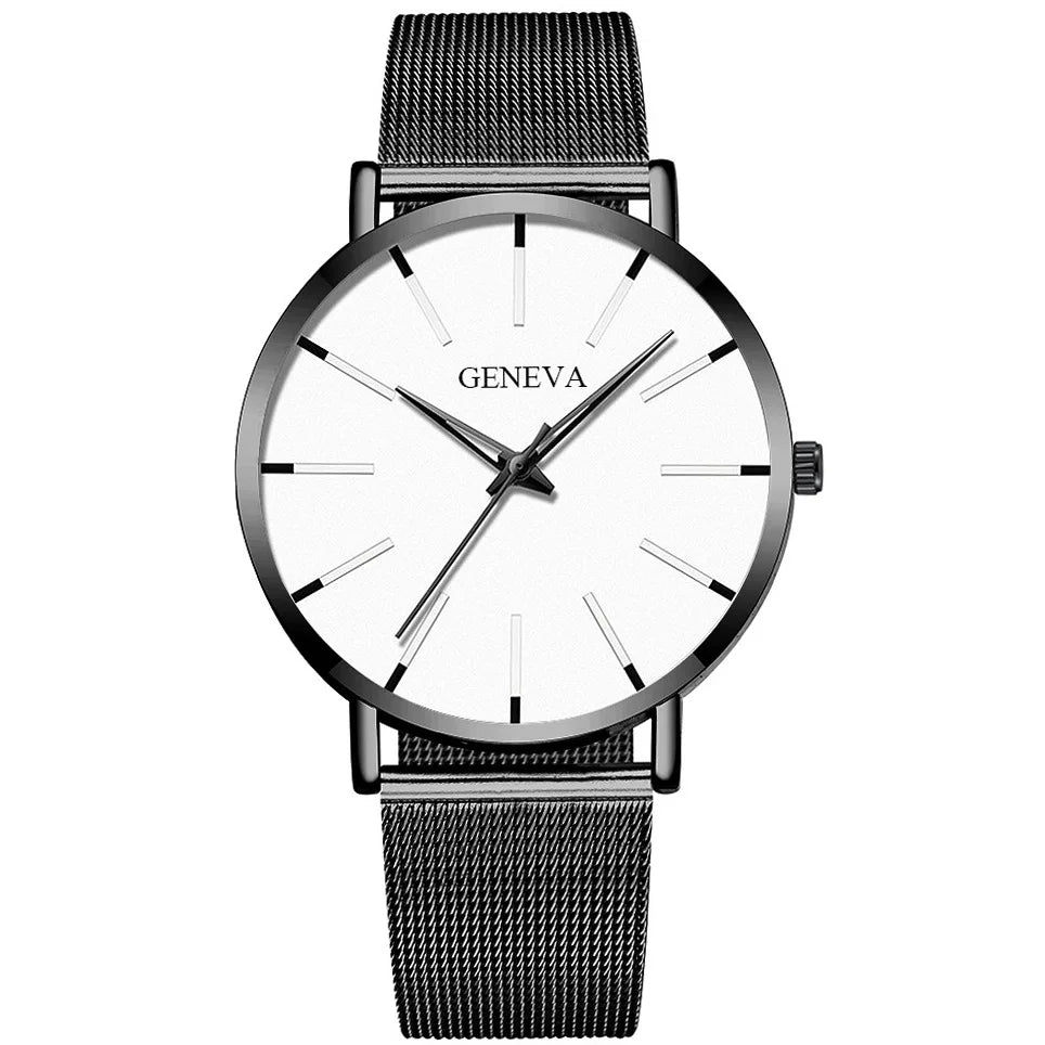 Relojes negros de negocios a la moda para hombre, reloj de pulsera de cuarzo con correa de malla ultrafina de acero inoxidable de lujo para hombre, reloj clásico informal para hombre