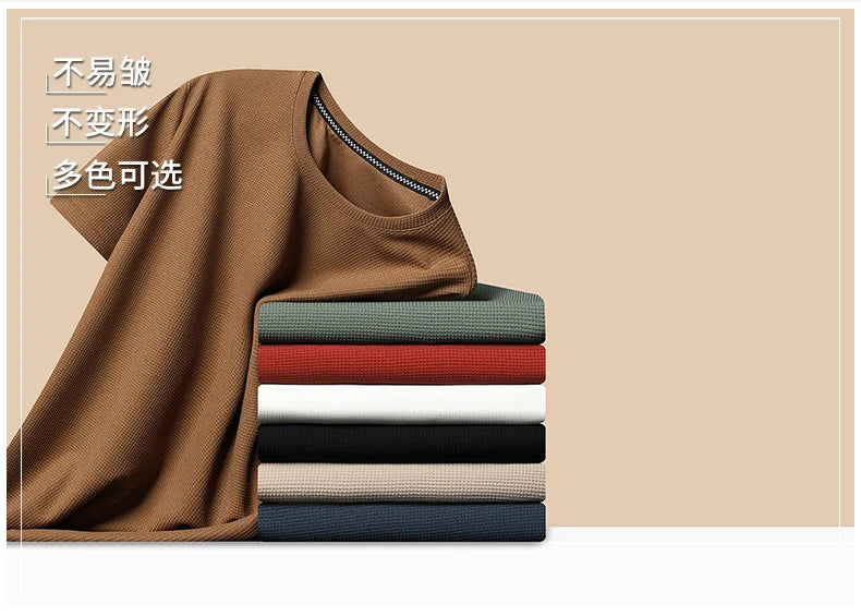 Nueva camiseta de manga corta con cuello redondo y gofres de verano para hombre, Top de manga corta