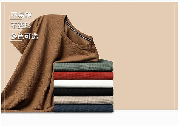 Nueva camiseta de manga corta con cuello redondo y gofres de verano para hombre, Top de manga corta