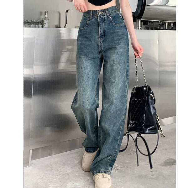 Pantalones vaqueros de pierna ancha para mujer, pantalón de pierna recta contrastante de cintura alta, pantalones sueltos de otoño para mujer, ropa de calle