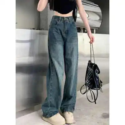Pantalones vaqueros de pierna ancha para mujer, pantalón de pierna recta contrastante de cintura alta, pantalones sueltos de otoño para mujer, ropa de calle