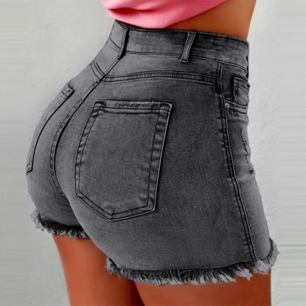 Shorts con decoración elegante para Mujer, Pantalones cortos vaqueros, Vaqueros ajustados de cintura alta con bolsillos y cremallera, borla azul, ropa de calle ligera elástica, ceñido Sexy 2025