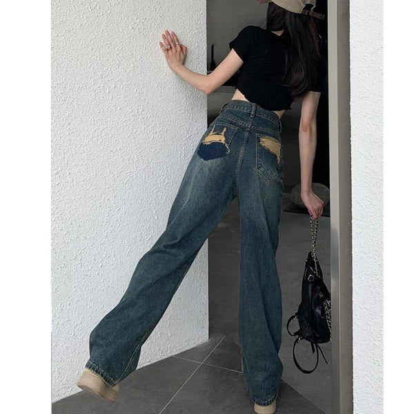 Pantalones vaqueros de pierna ancha para mujer, pantalón de pierna recta contrastante de cintura alta, pantalones sueltos de otoño para mujer, ropa de calle