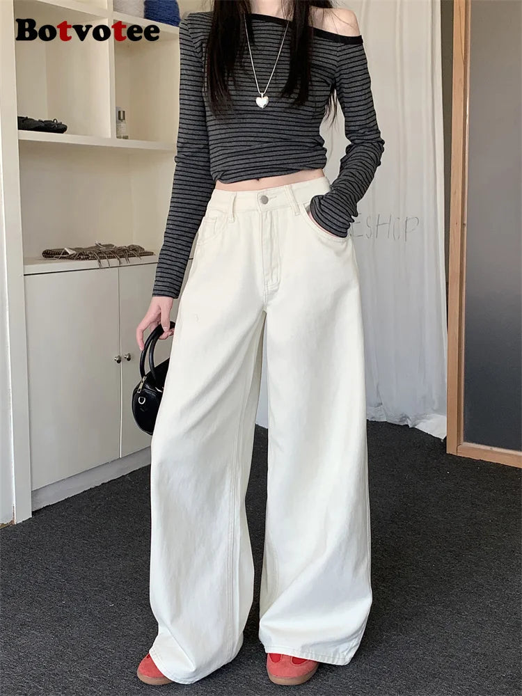 Pantalones vaqueros holgados blancos para mujer, nueva moda coreana informal Y2k, pantalones vaqueros holgados de cintura