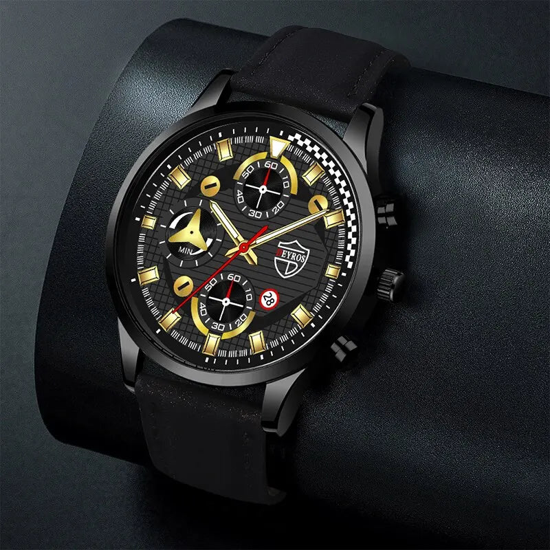 Conjunto de 3 piezas para hombre, reloj de pulsera de cuarzo, pulsera de cuero clásico, collar casual y divertido
