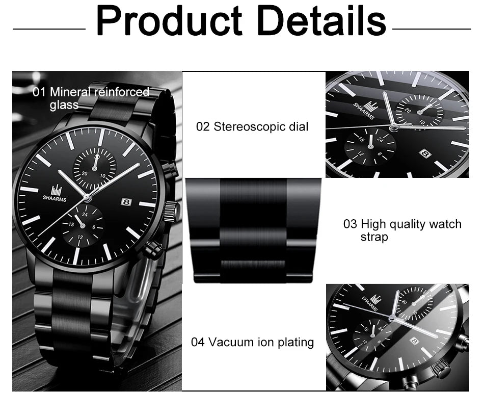 Reloj de cuarzo de negocios para hombre, cronógrafo con correa de acero inoxidable, tres ojos falsos, seis Pines, calendario