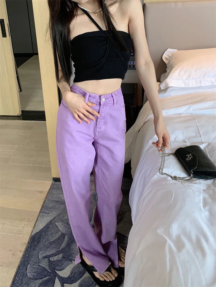 Pantalon Jean de tendencia para mujer, Pantalones vaqueros rasgados con hendidura casuales sueltos de pierna recta de cintura alta