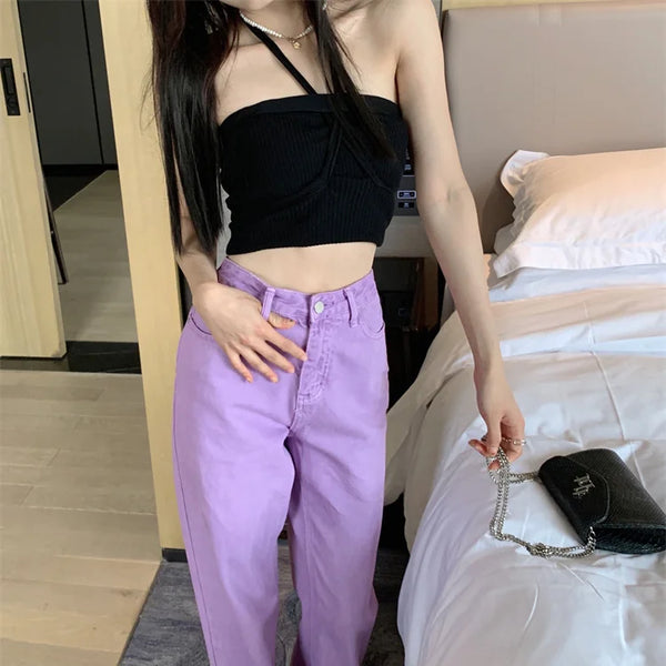 Pantalon Jean de tendencia para mujer, Pantalones vaqueros rasgados con hendidura casuales sueltos de pierna recta de cintura alta