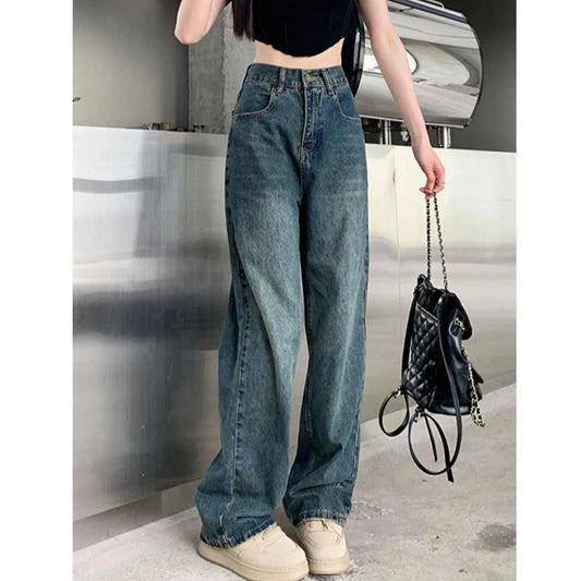 Pantalones vaqueros de pierna ancha para mujer, pantalón de pierna recta contrastante de cintura alta, pantalones sueltos de otoño para mujer, ropa de calle