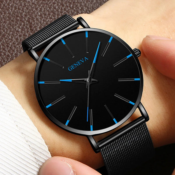 Relojes negros de negocios a la moda para hombre, reloj de pulsera de cuarzo con correa de malla ultrafina de acero inoxidable de lujo para hombre, reloj clásico informal para hombre