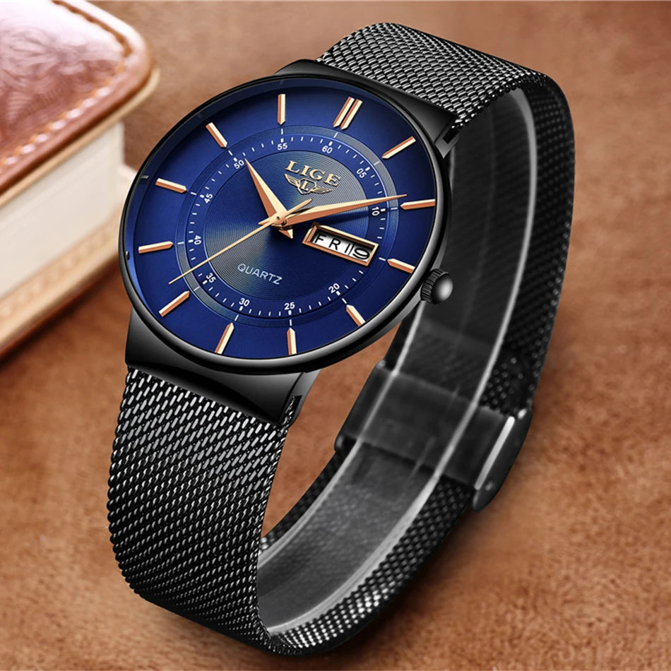 Reloj de lujo para hombre, reloj de fecha ultrafino resistente al agua, correa de acero, reloj de cuarzo informal